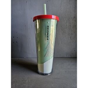 Starbucks Christmas Holiday Tumbler Red Lid Green Straw Winter Trees Gnome Cup